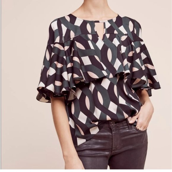 Anthropologie Sunday in Brooklyn Green Ruffled Keyhole Blouse Size XS - Picture 2 of 13